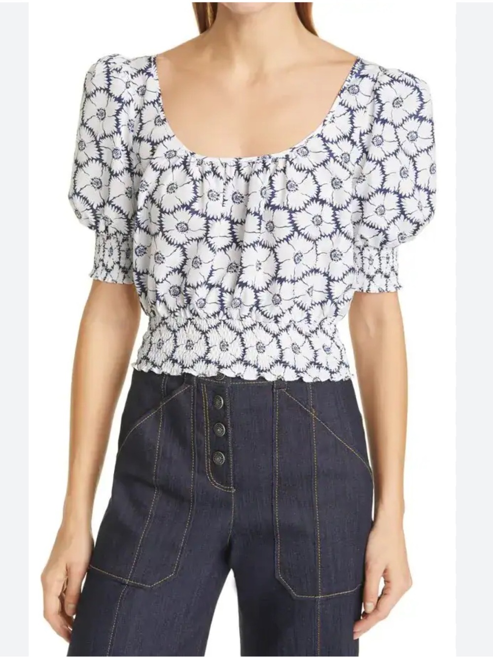 Cinq à Sept Elliot Floral Smocked Waist Puff Sleeve Cropped Top size Medium